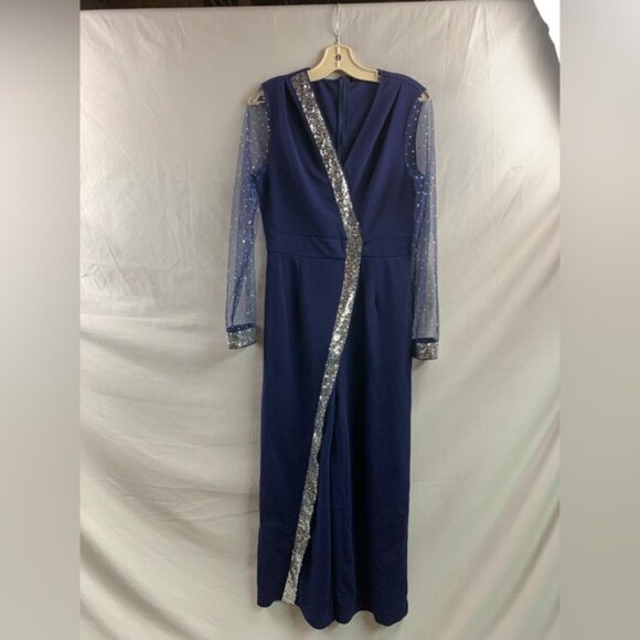 Navy Blue Mesh Sleeve Sequin Wide Leg Jumpsuit - Picture 6 of 8